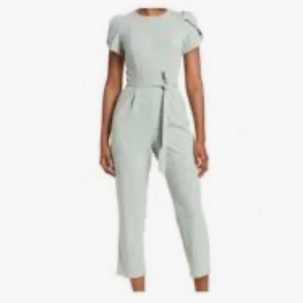 New Calvin Klein belted short sleeve Jumpsuit Light Gray zip back size 2